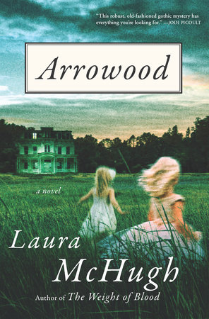 Book cover with two small blonde girls running through a field, with an old house in the background