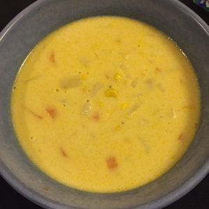 Blue bowl with corn chowder